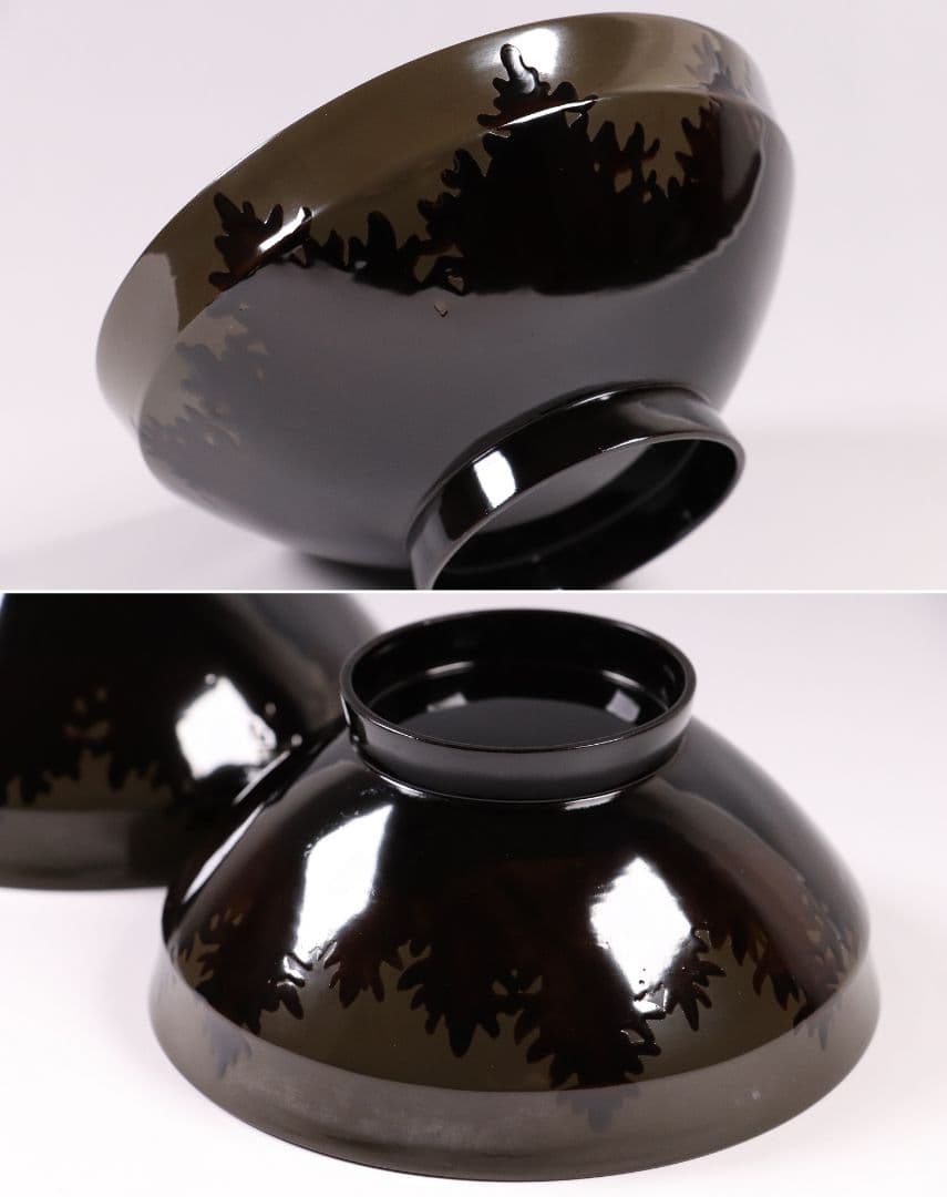 CL14 時代木製漆器 森に鳥 金蒔絵 吸物椀 二客 黒塗 朱塗 闇絵