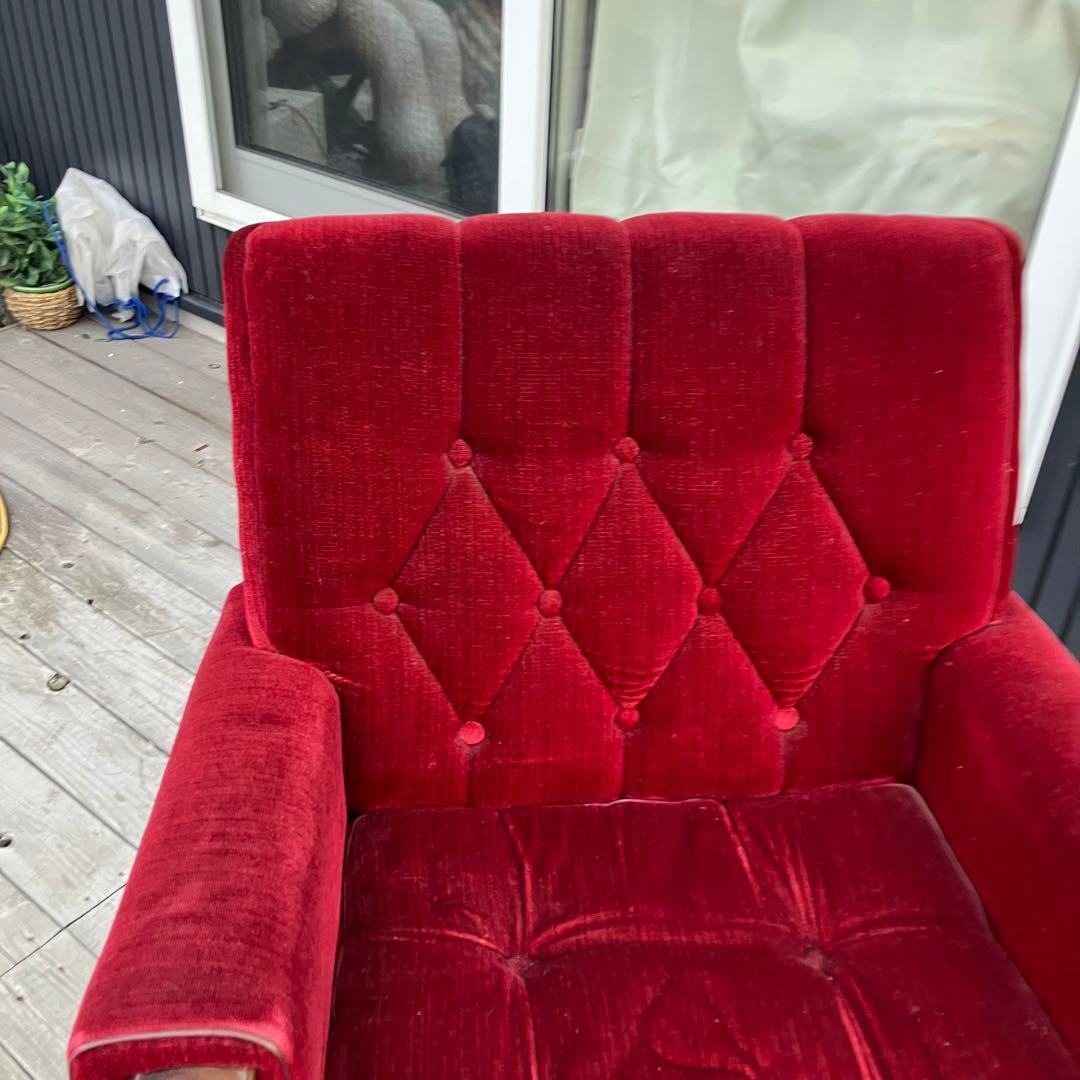 ① 昭和レトロ 古家具 一人掛けベロアソファー アームチェア ヴィンテージ 赤