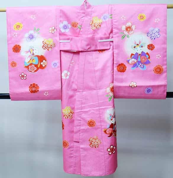 お宮参り産着 合繊 のしめ 女児 着物 うさぎ ピンク 金刺繍 NO42165