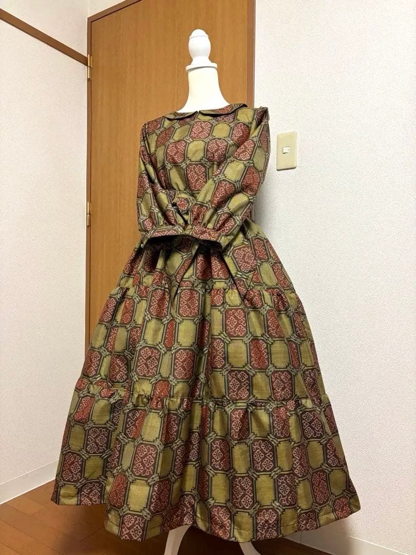 着物リメイク♪ 反物　村山大島紬　3段ティアード　ワンピース　MーL 総裏地付き