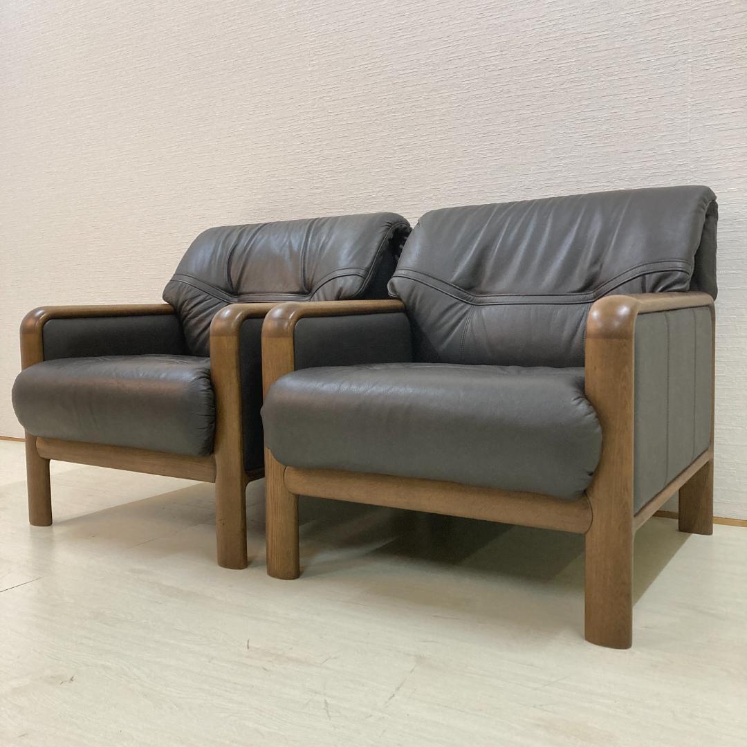 専用【カリモク】本革　一人掛けソファ　シングルソファ　2脚セット アームチェアA