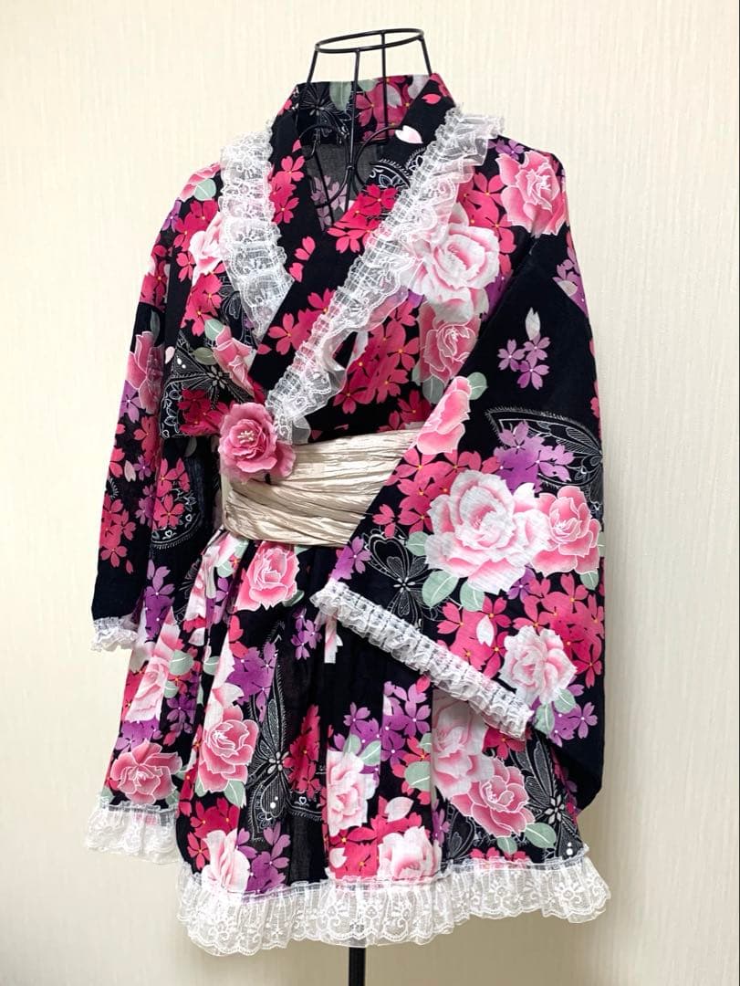 浴衣ドレス　姫ギャル　地雷　量産　平成　花柄　レース　かわいい　黒ピンクキラキラ