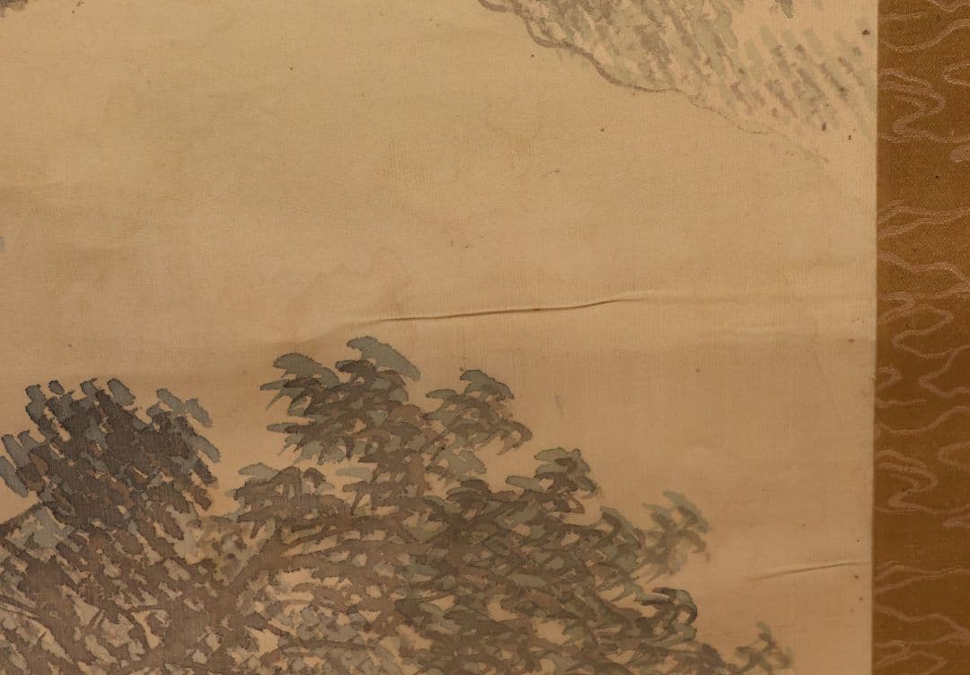 【模写】松雲山人 飛瀑図 滝 人物 山水 絹本 掛軸 彩色 MB130