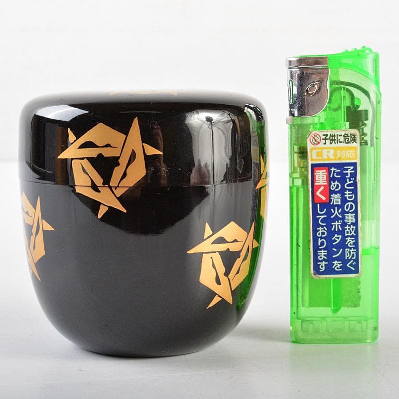 茶道具　輪島塗　岡本陽斎作　鱗鶴蒔絵　黒中棗　共箱　V　R5809