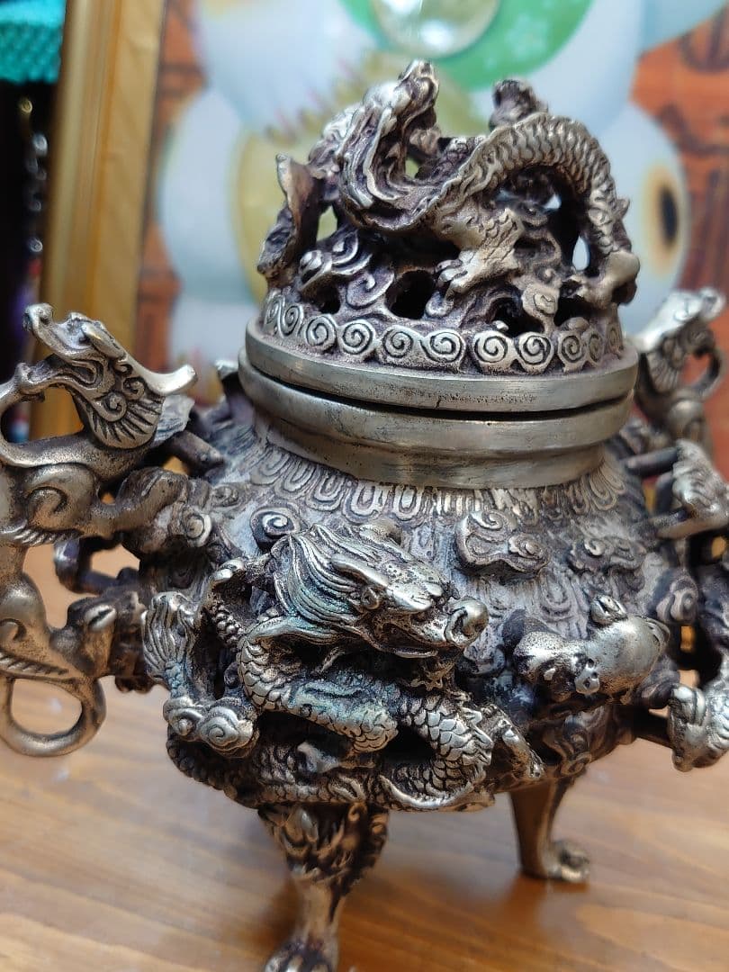 開運 龍 龍神 九頭龍 九龍香炉  白銅製（洋銀） 中国 大明宣徳年製