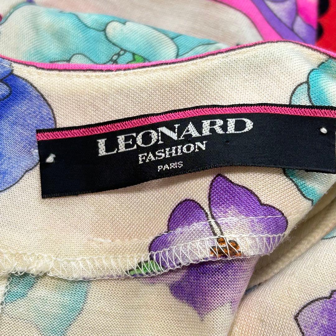 LEONARD 花柄 ウールシルクワンピース ベルト付 M ギャザースリーブ