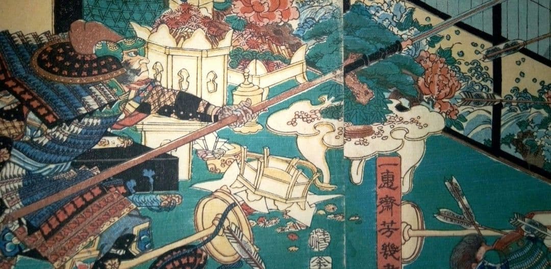 浮世絵、源平盛衰記 三枚綴り繋がってます。(山木合戦伊豆ノ圖)落合芳幾画