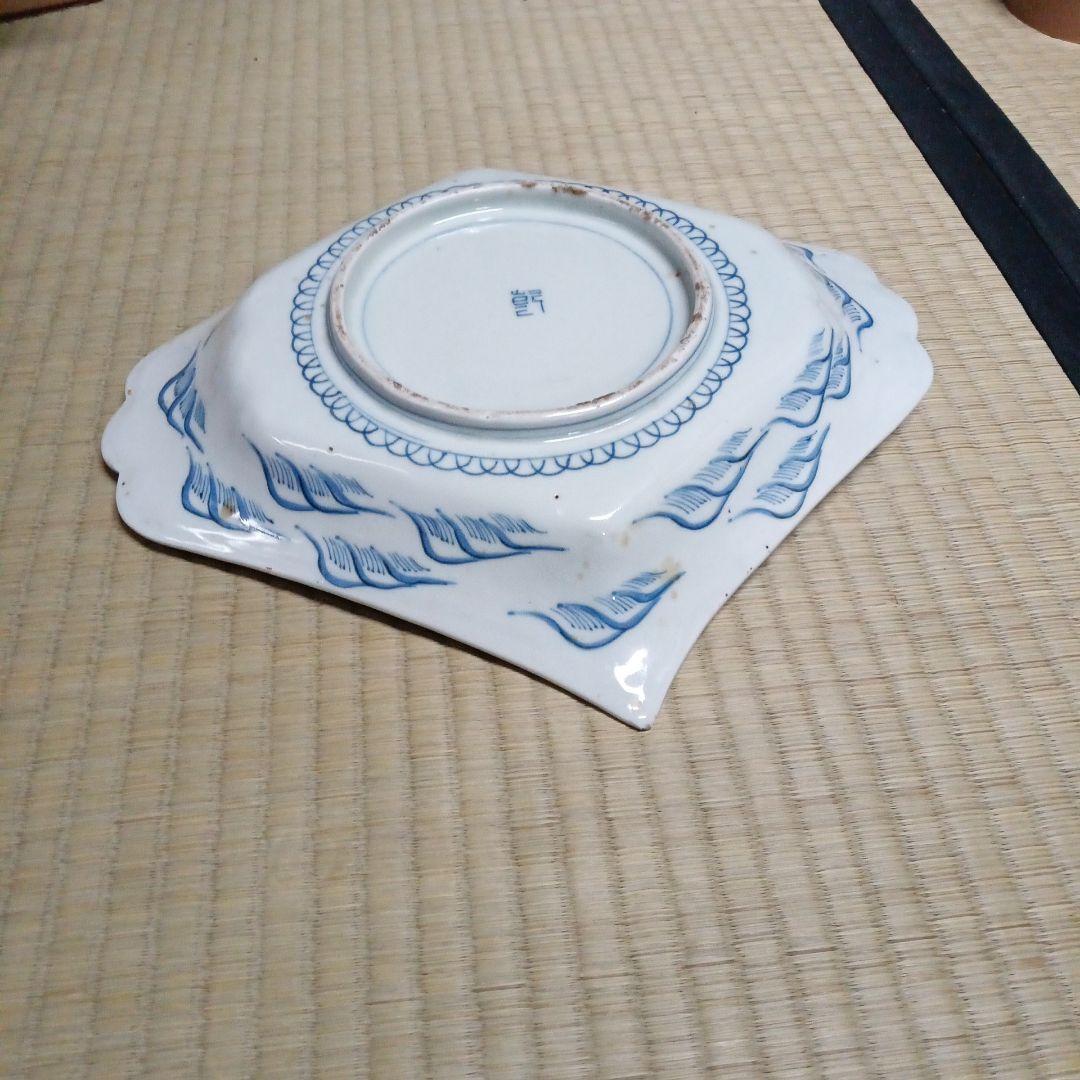 古伊万里　色絵染付　珍品　五葉松縁　波千鳥文　擬宝珠型皿　変形皿　尺皿　江戸後期