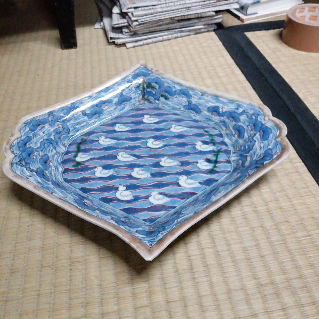古伊万里　色絵染付　珍品　五葉松縁　波千鳥文　擬宝珠型皿　変形皿　尺皿　江戸後期