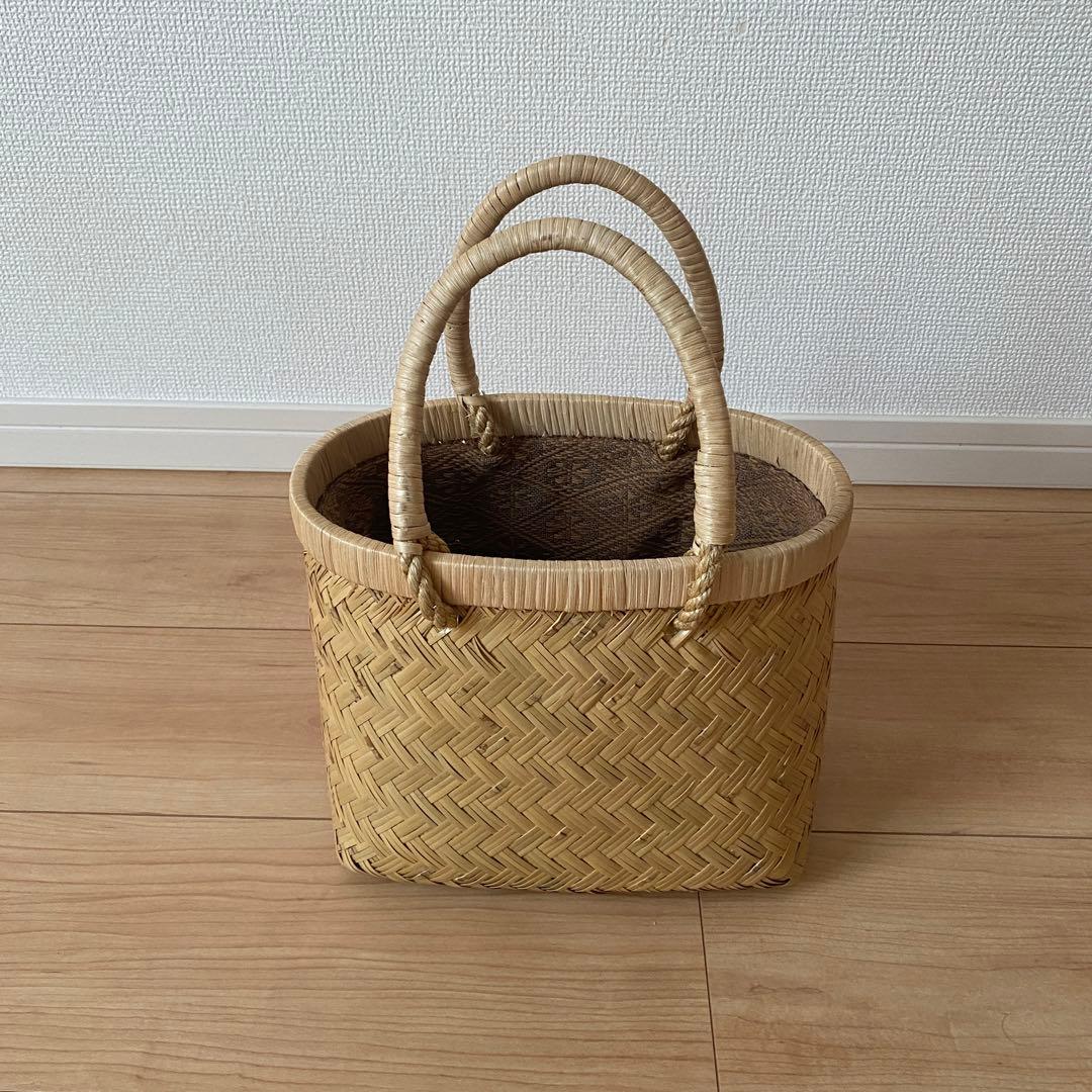 竹細工　手提げ籠　刺子の内布つき