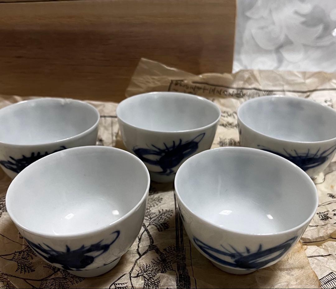 6代　高橋道八作　富岡鉄斎画　合作　煎茶椀5個　桐箱入り　骨董（１つホツ有り）