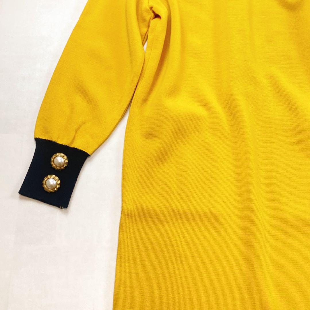 美品 サンローラン 金ボタン パールボタン ニットワンピース イエロー