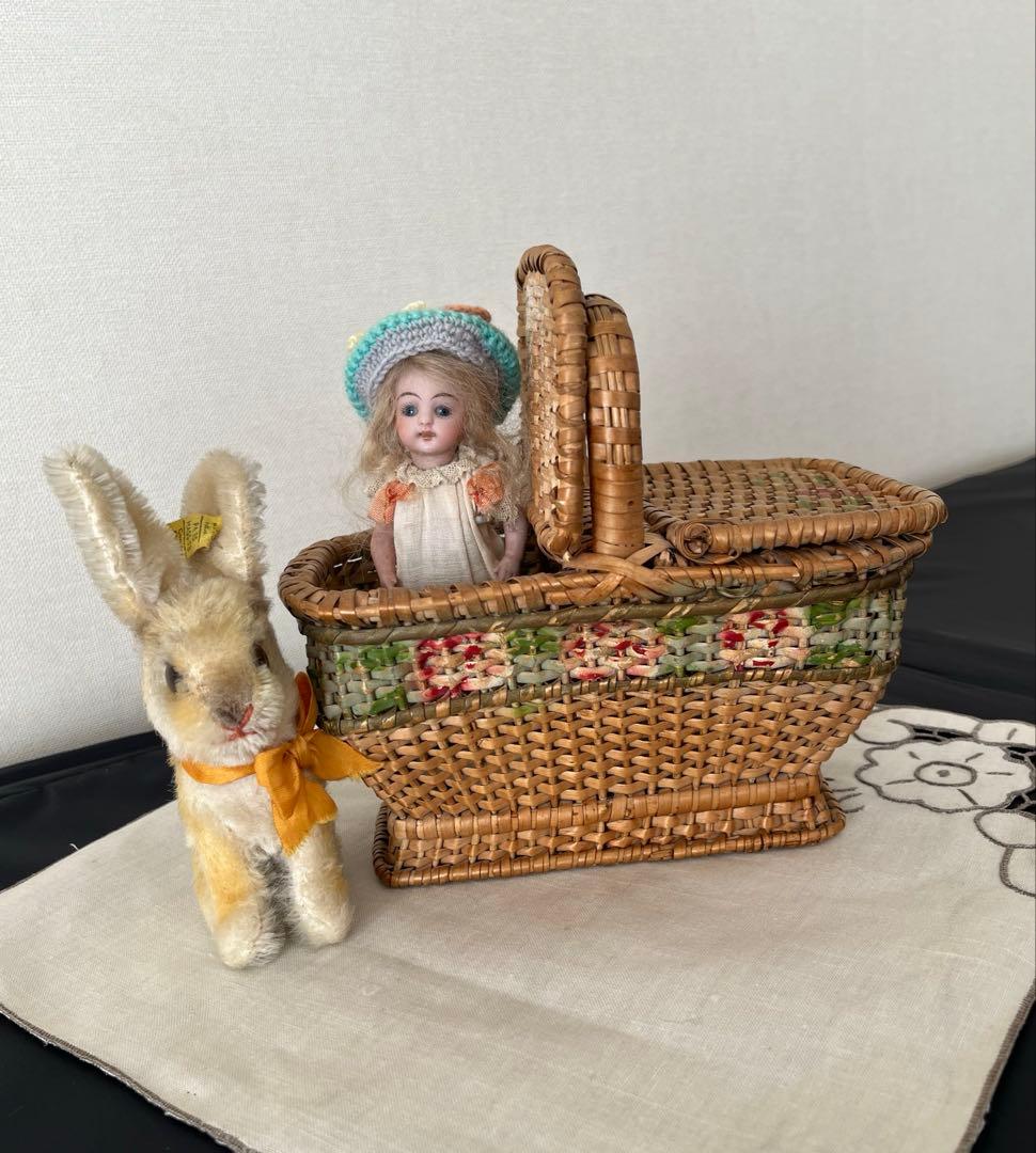 【アンティーク】ローズパニエ　籐バスケット　ローズペイント　フランスアンティーク