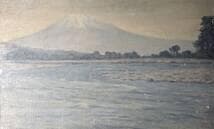【真作】絵画　油彩8号　静寂なる湖畔と遠山　ブルートーンに包まれた朝景　Y16