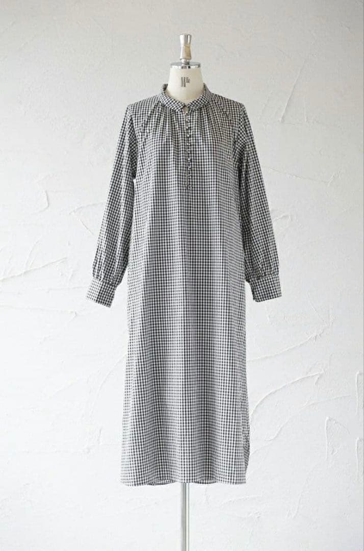 pot and tea ギンガムチェックボタンたくさん襟付きワンピース　日本製