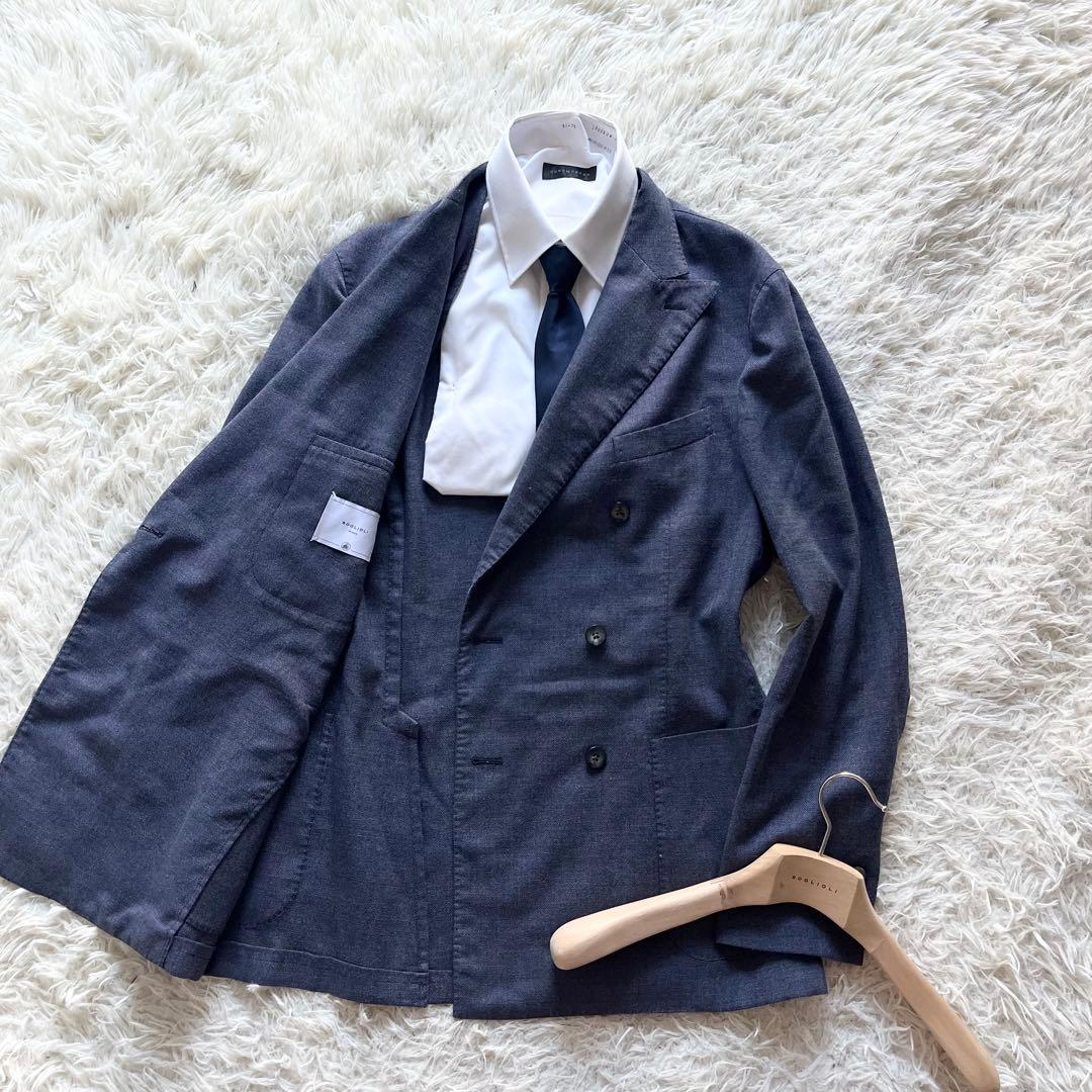 <極美品>BOGLIOLI 新ロゴ ブルー ウール ダブルジャケット サイズ50