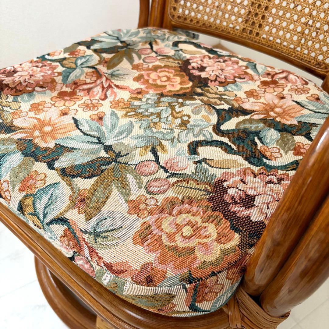 【美品】レトロ ラタン 回転式チェア クッション付き