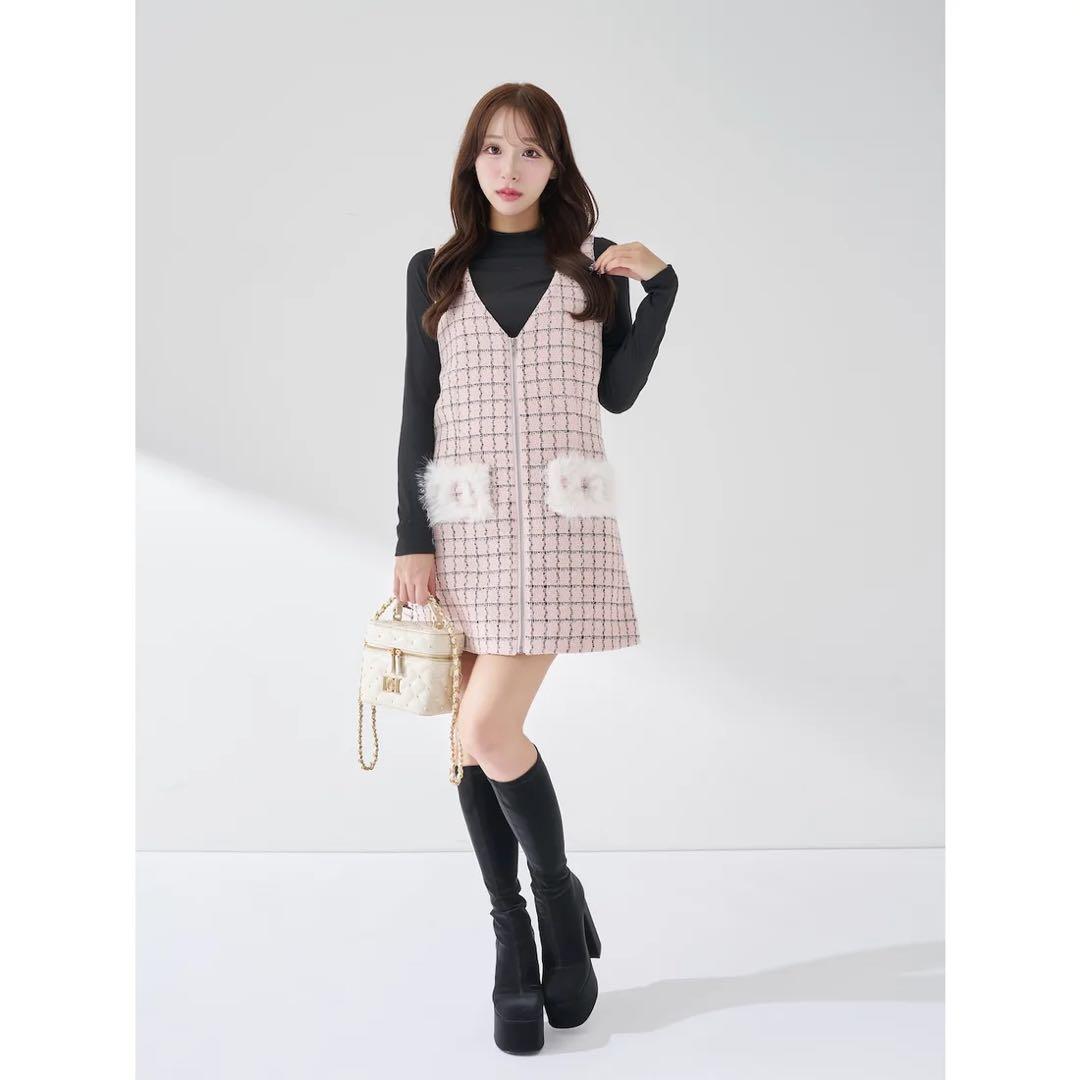 新品タグ付き ダーリッチ フロントファスナーツイードミニワンピース FL ピンク