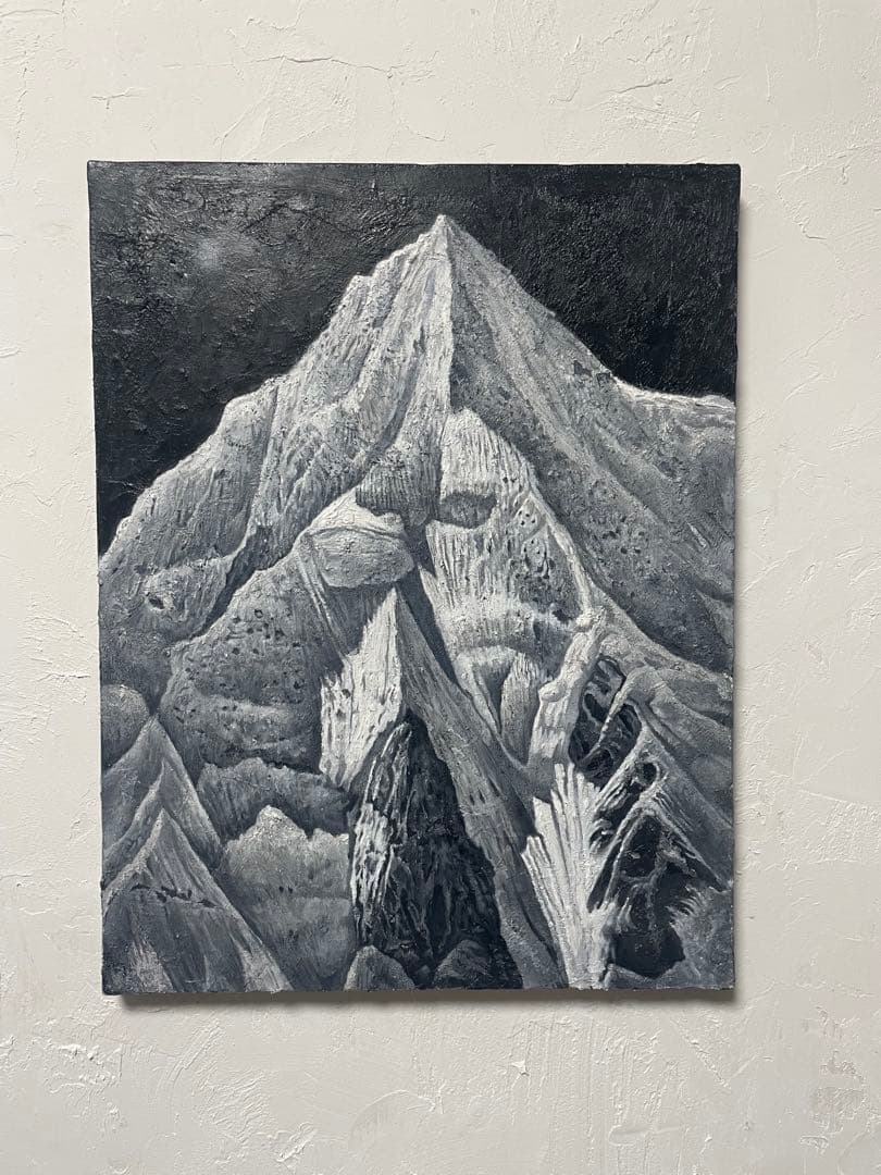 モノクロ 油彩画 山の風景　オリジナル　1点もの