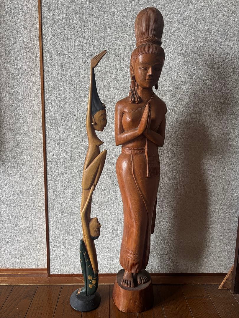 アジアン雑貨 木彫り 特大 女性像＆逆立ち人形 2体セット