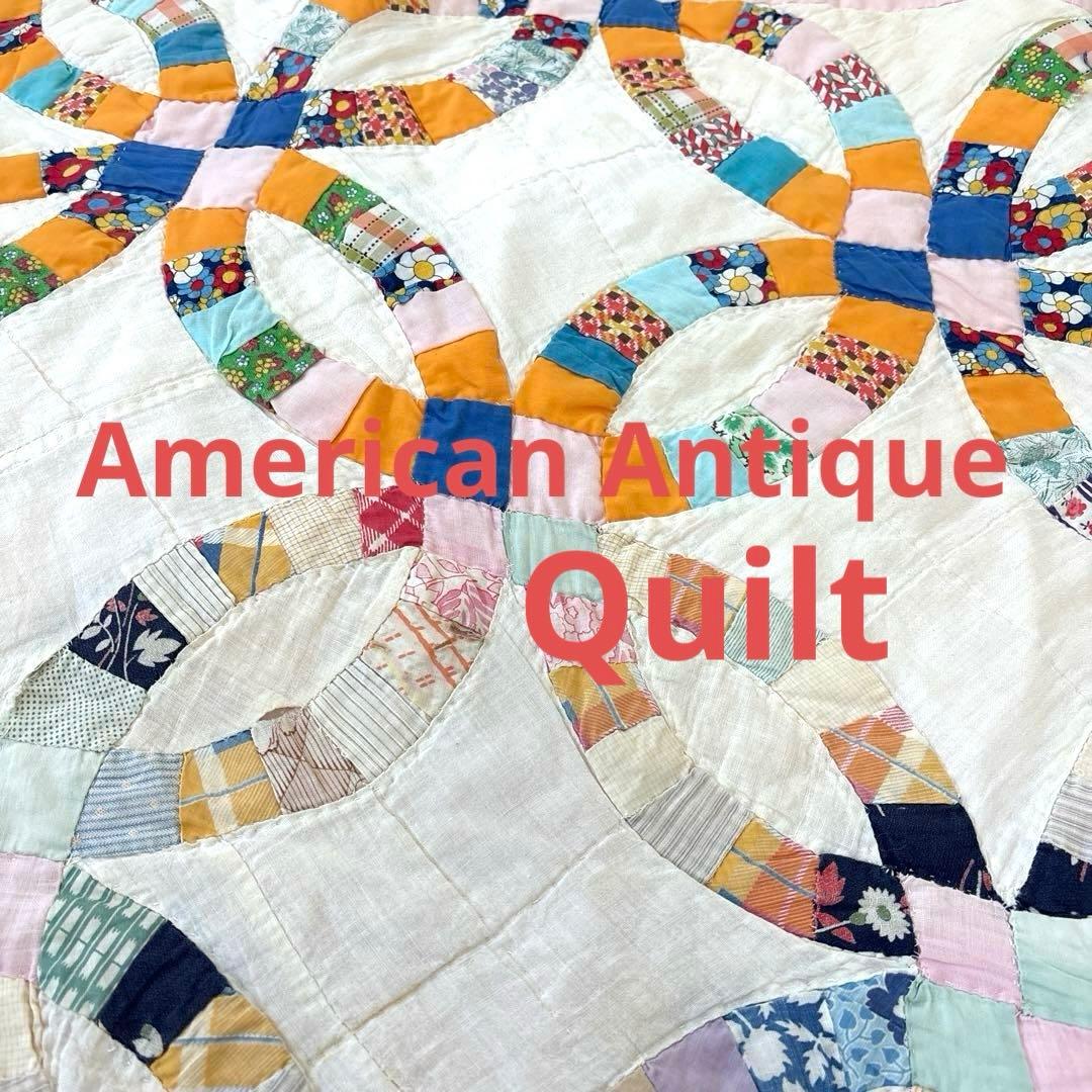 【稀少】アメリカンアンティークキルト⭐︎ダブルウエディング　 約190×208cm