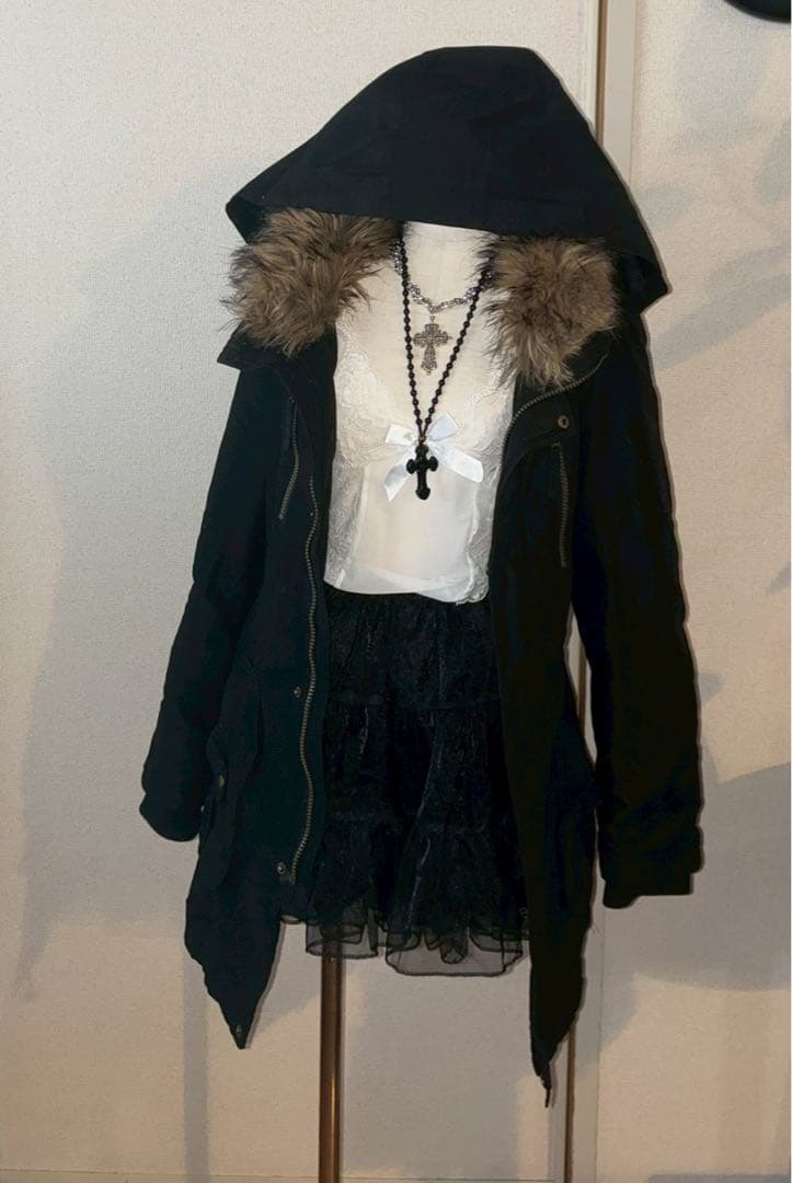 希少00sy2k平成ギャル黒モッズ　ミリタリーフード　ギミックダークコア小悪魔