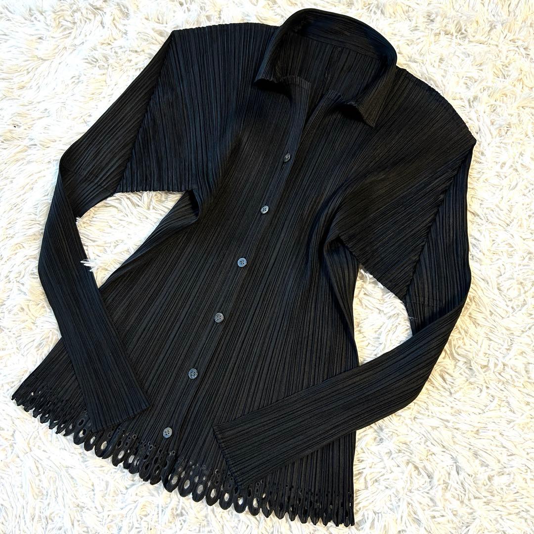 プリーツプリーズ イッセイミヤケ 長袖ブラウス シャツ スカラップ裾 ブラック