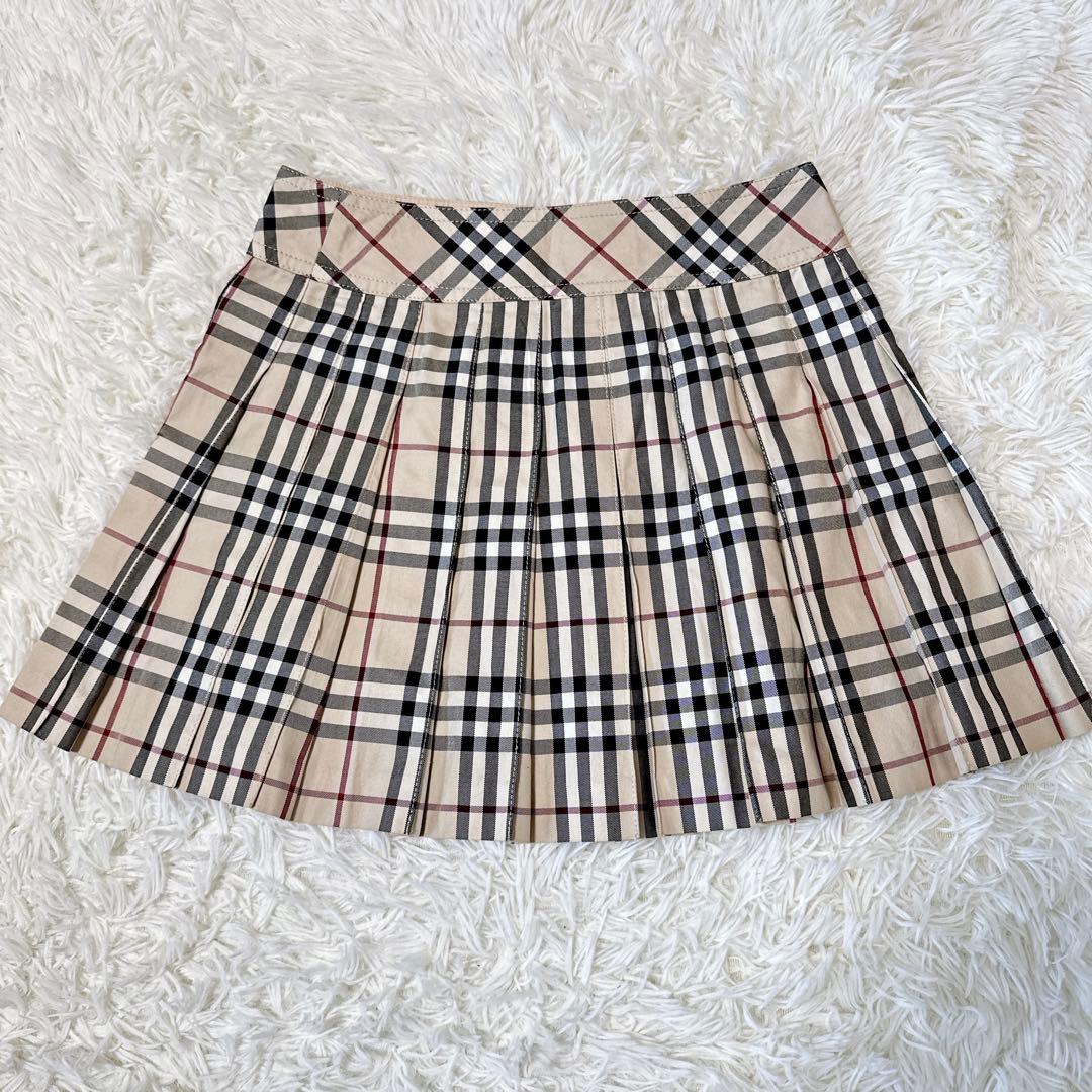 バーバリーブルーレーベル プリーツミニスカート ノバチェック 革ベルト