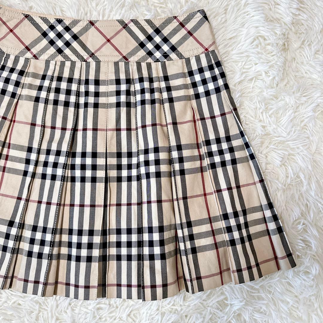 バーバリーブルーレーベル プリーツミニスカート ノバチェック 革ベルト