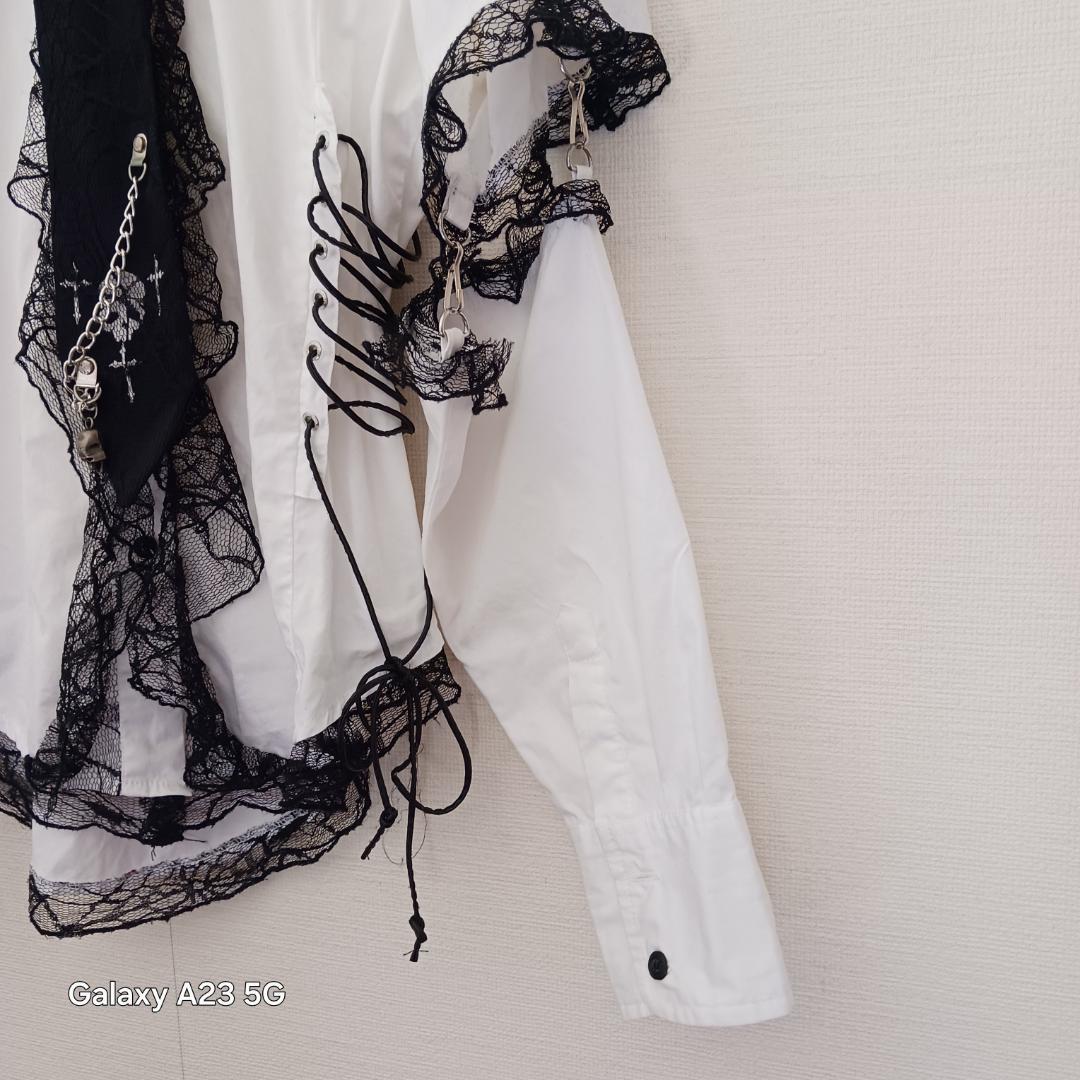 ゴス パンク ボンテージシャツ L 袖脱着式 レース ネクタイ スカルチェーン