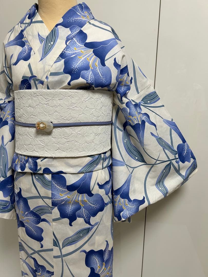 浴衣 ゆかた帯のセット販売白地にブルー 百合 ゆり 花柄 Lサイズ