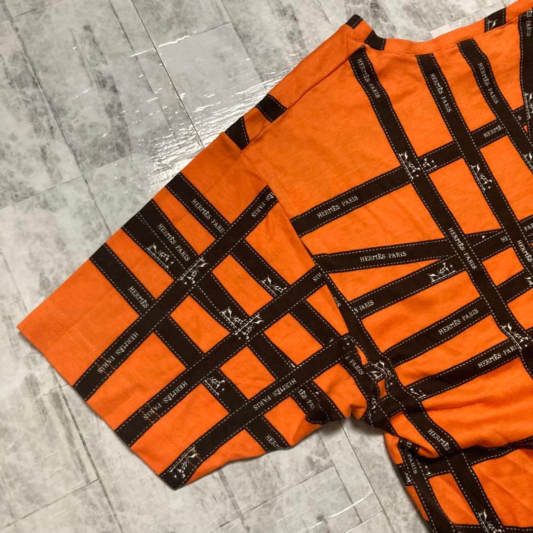 【HERMES】美品✨　エルメス　リボン柄　Tシャツ　オレンジ