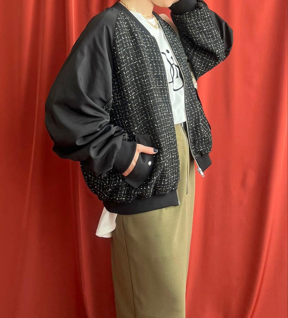 新品★レルビエLHELBIE MA-1スリーブ ツイードブルゾン黒★エイミーロウ