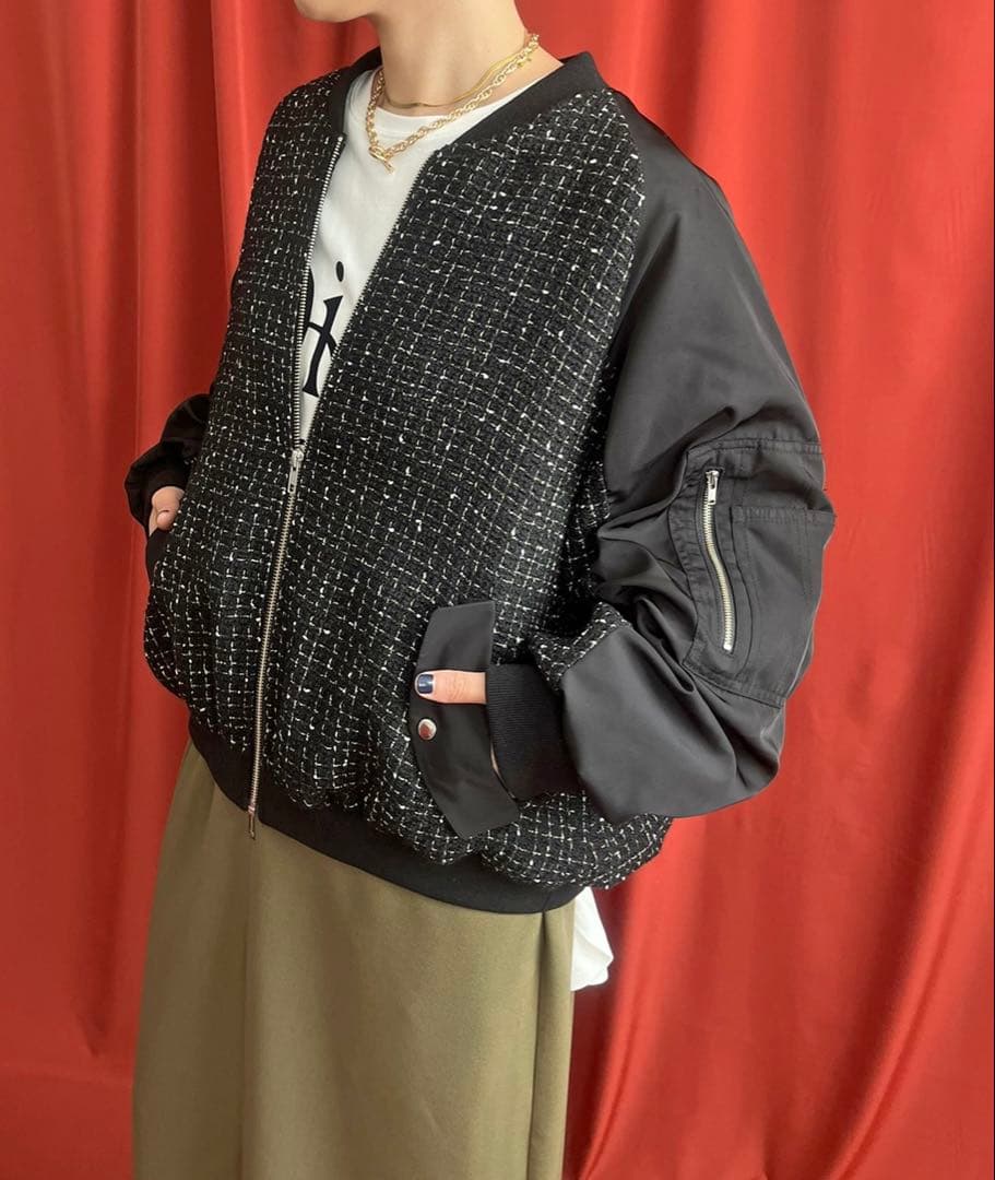 新品★レルビエLHELBIE MA-1スリーブ ツイードブルゾン黒★エイミーロウ