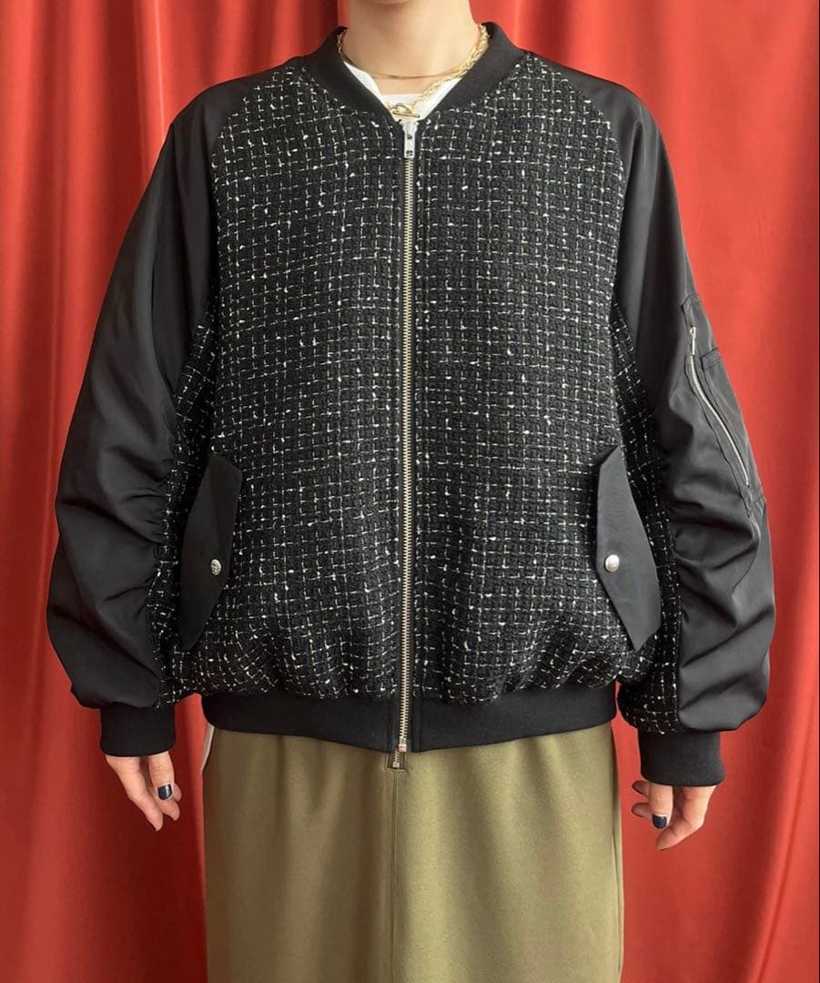 新品★レルビエLHELBIE MA-1スリーブ ツイードブルゾン黒★エイミーロウ