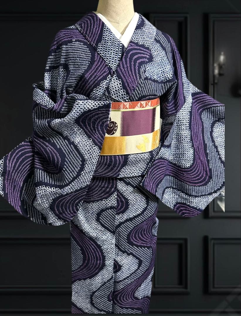 2点セット　新品美品✨身丈165裄丈67 有松鳴海絞り浴衣 藍染に紫　波紋様