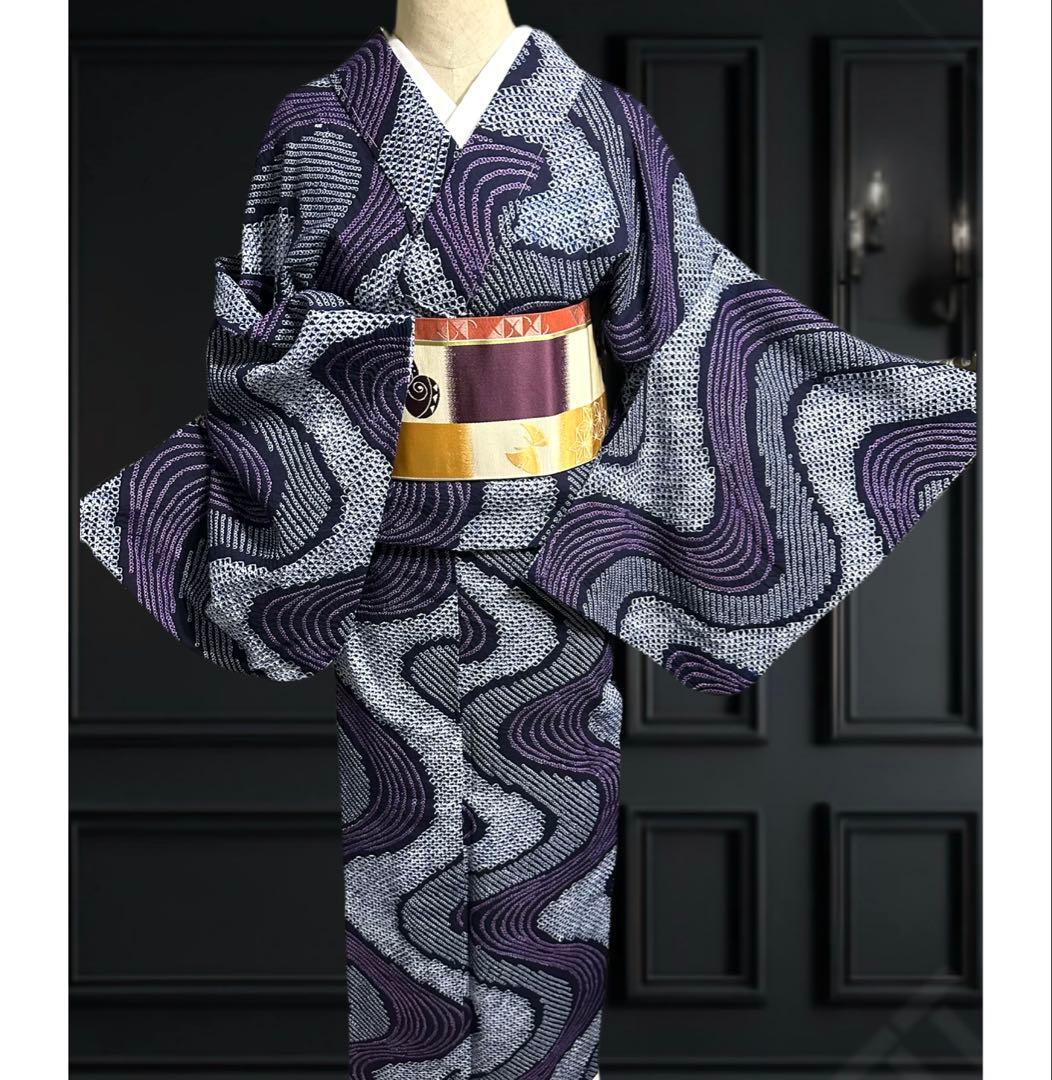 2点セット　新品美品✨身丈165裄丈67 有松鳴海絞り浴衣 藍染に紫　波紋様