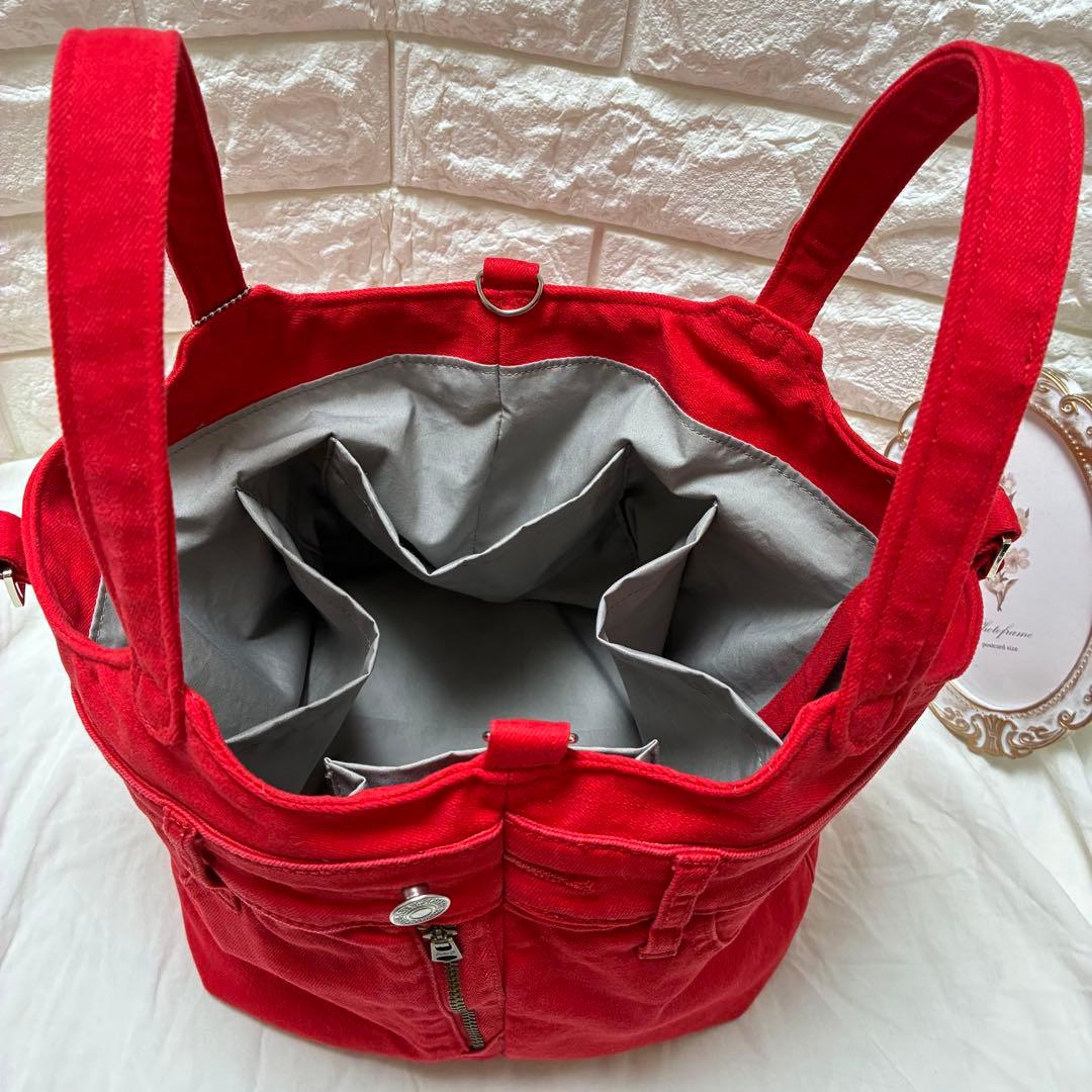 デニムリメイク　ハートのキーロック付きキューブバック　朱赤　カラーデニム