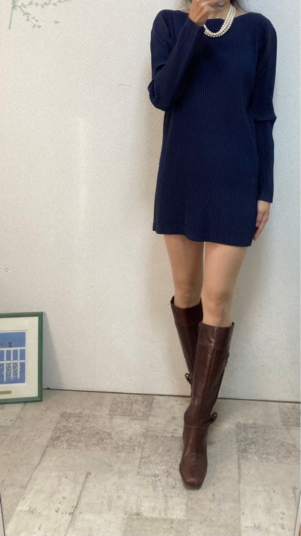 美品　プリーツプリーズ　プリーツチュニックワンピ 3 ネイビー　ウォッシャブル