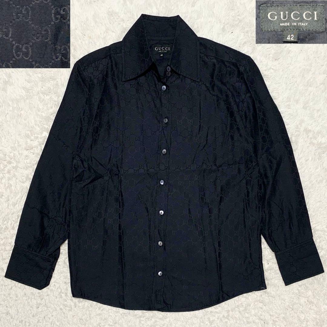 美品 GUCCI グッチ GG柄 長袖シャツ シルク混 トムフォード期 ブラック