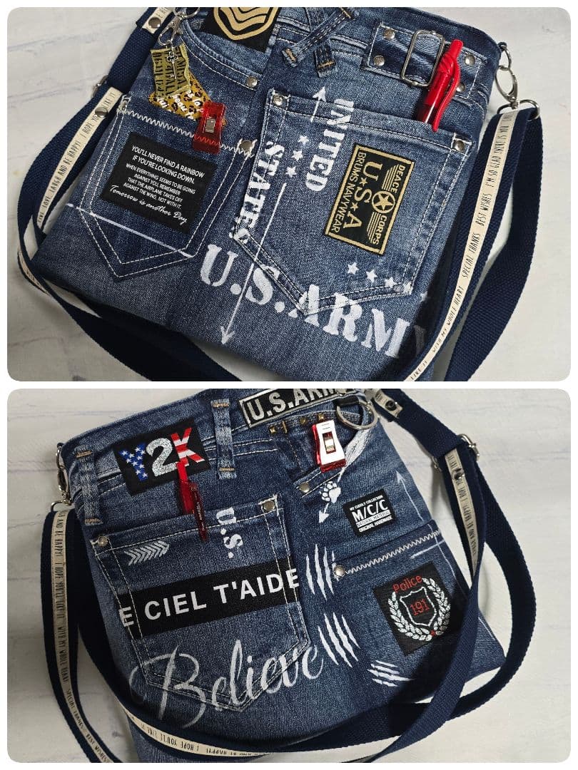 デニムリメイク 大きめ トートバッグ ❀サコッシュ❀ 底板付き