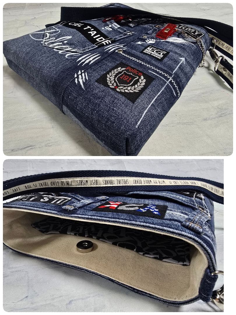 デニムリメイク 大きめ トートバッグ ❀サコッシュ❀ 底板付き