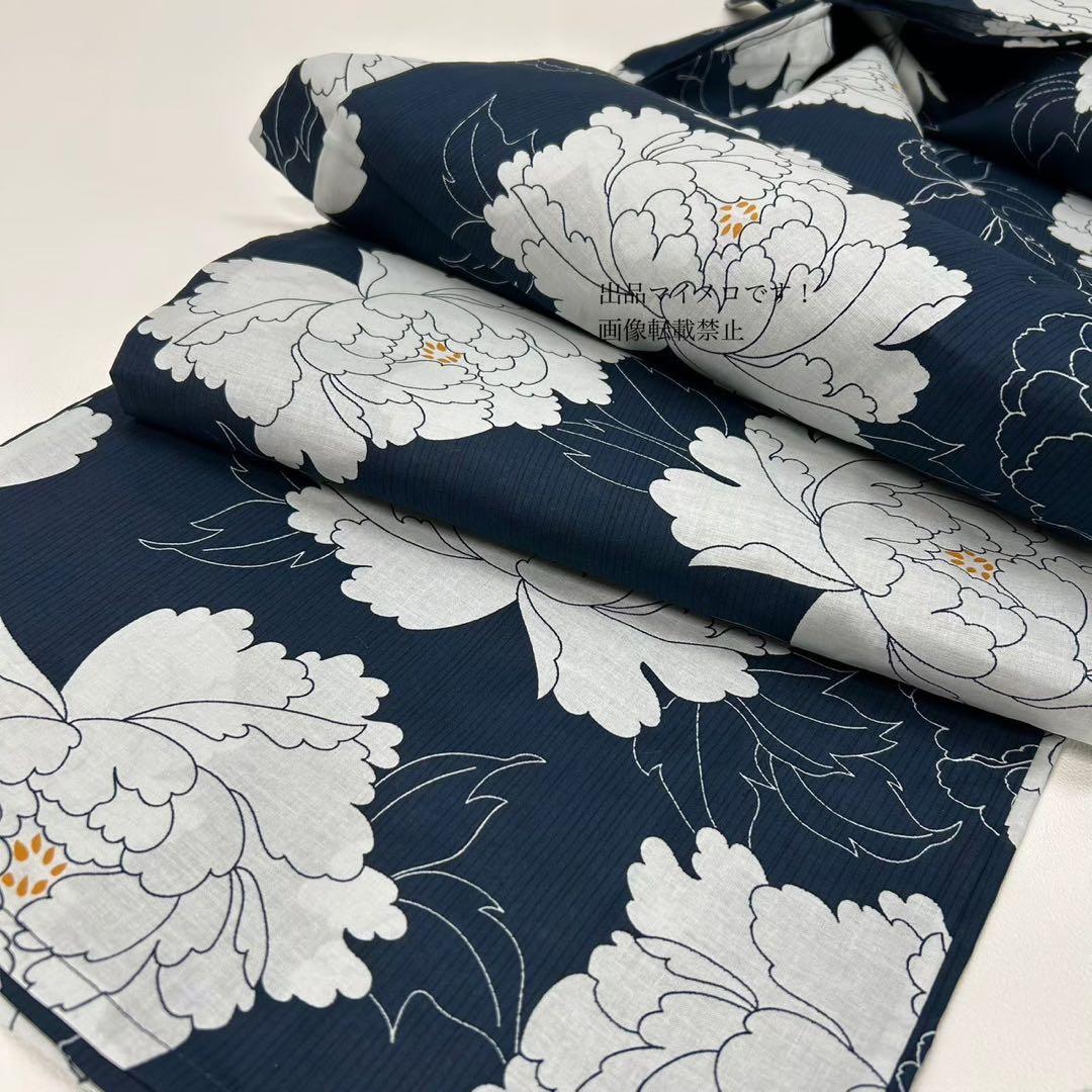 浴衣　大きめサイズ　浴衣 3L 牡丹　濃紺　兵児帯エンジ　2点　新品　0713④