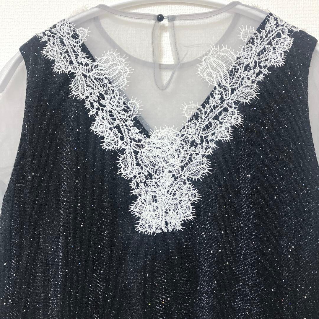 美品　レジャ　レースネック透け袖スリットキラキラロングドレスワンピース