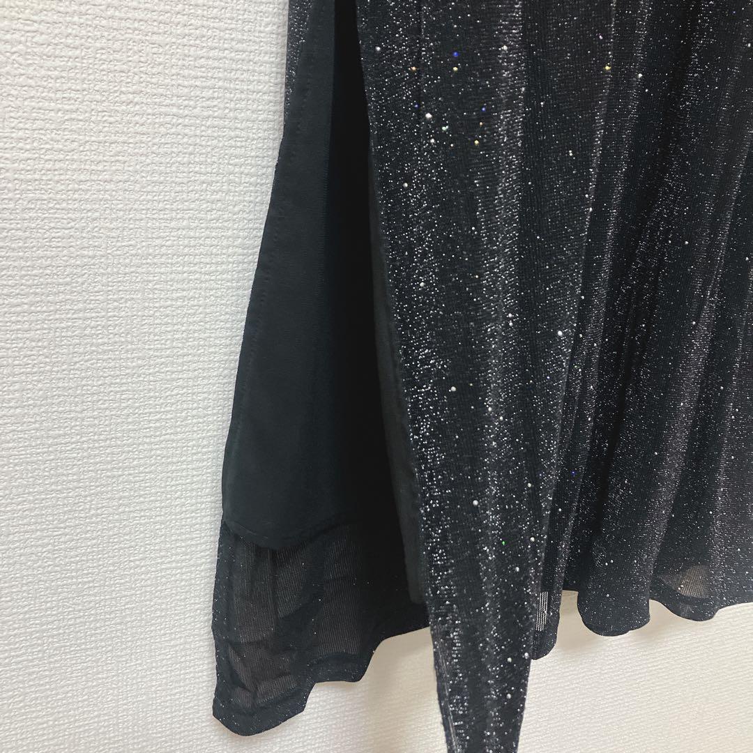 美品　レジャ　レースネック透け袖スリットキラキラロングドレスワンピース