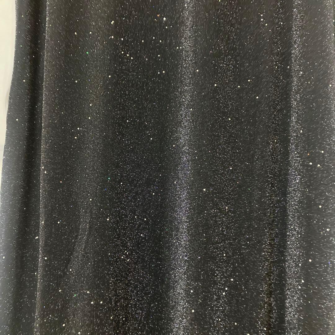 美品　レジャ　レースネック透け袖スリットキラキラロングドレスワンピース