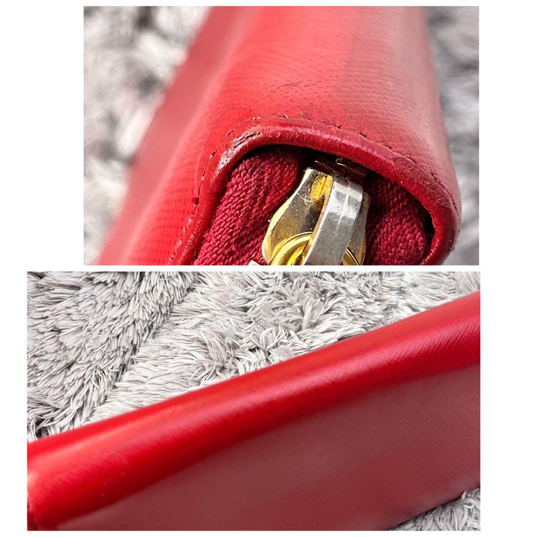 良品✨PRADA サフィアーノ　ラウンドジップ　メタルロゴ　レッド　長財布