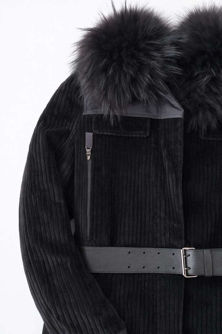 【細身S相当】PRADA ファー付コーデュロイジャケット ベルト付 ブラック