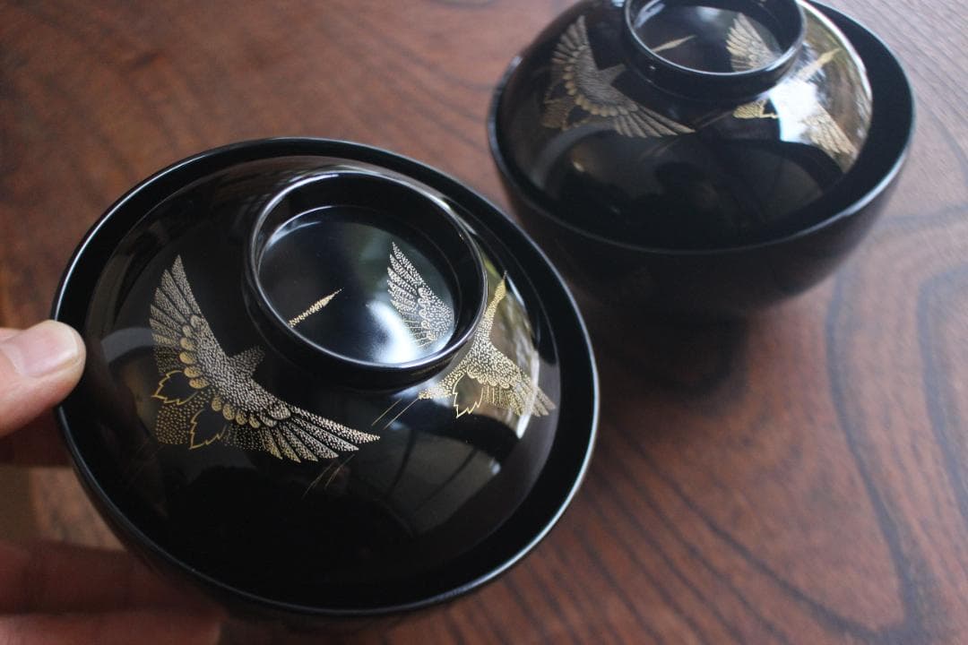 デッドストック！上質黒漆に極上鶴沈金の映えるお椀2点（検輪島塗沈金椀雑煮椀