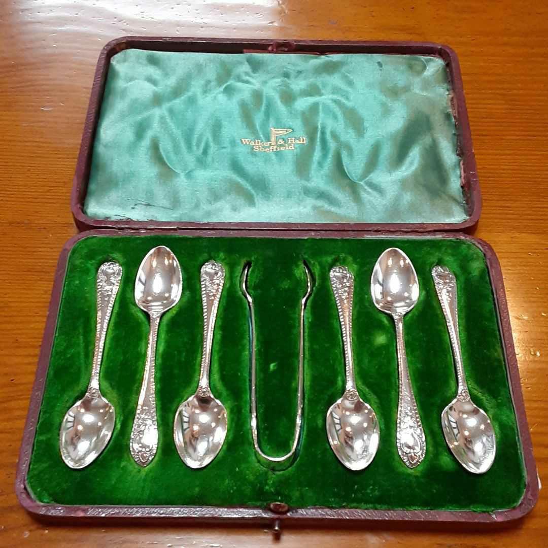 英国 純銀 ティースプーン&シュガートング ♡アンティークシルバー◇ケース付